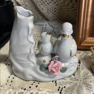 White Porcelain Bird Figurine Vase with Pink Rose Accent